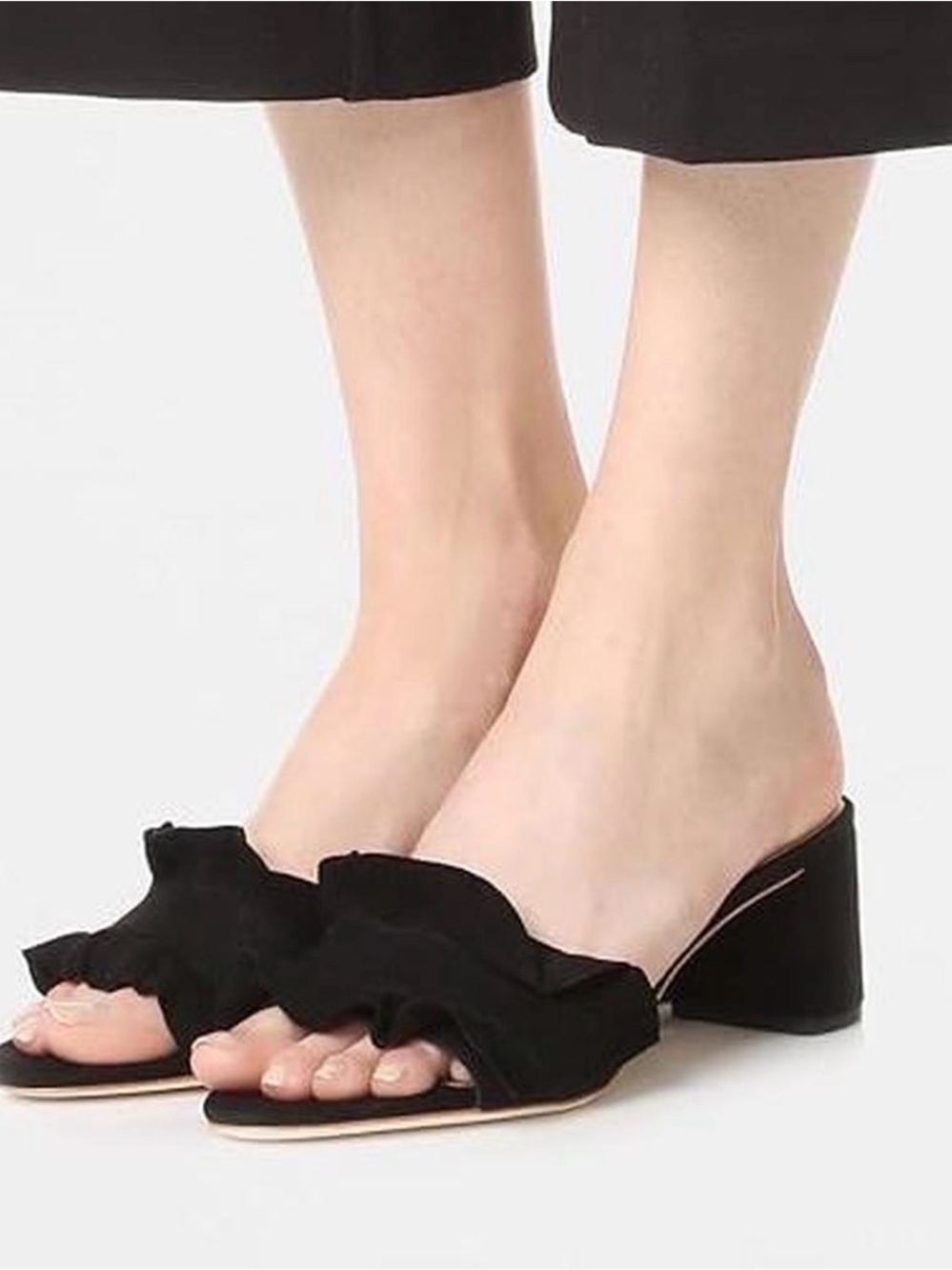 NWOT Loeffler Randall Black Ruffle Block Heel Mules